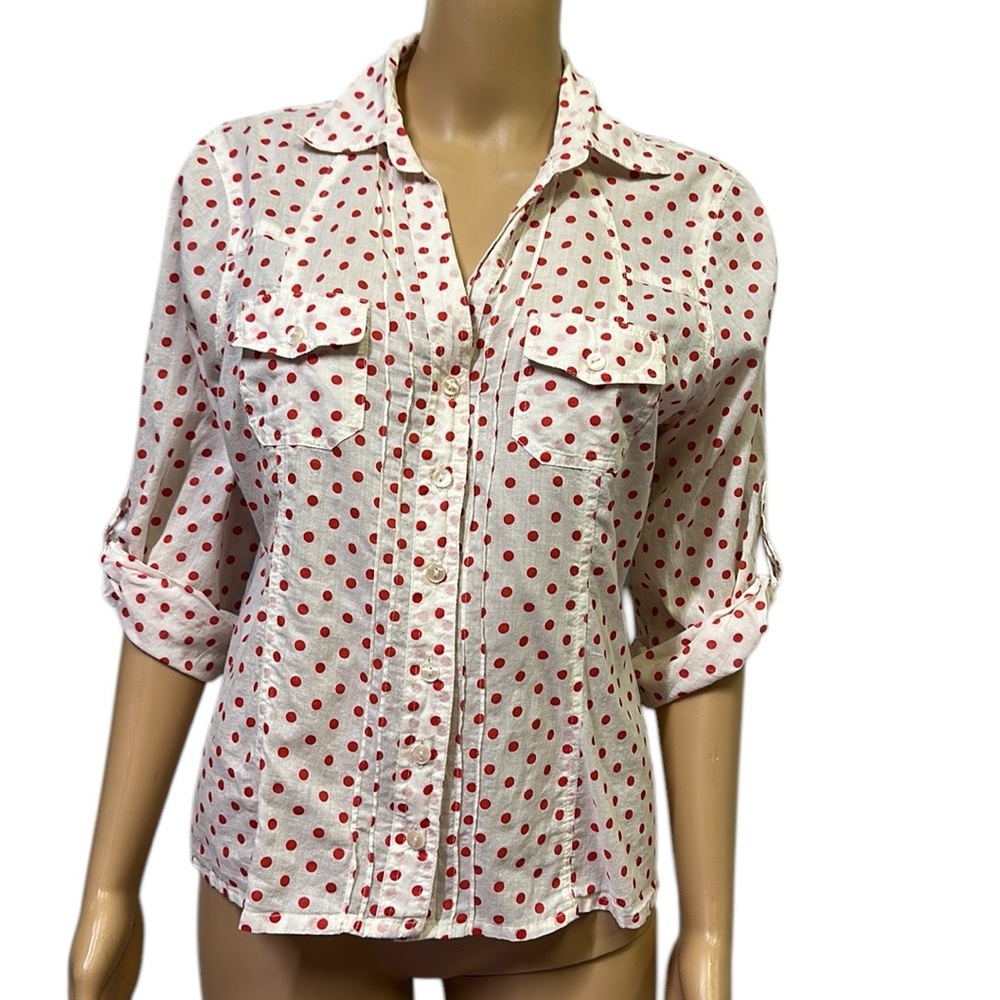 Eden Olivia Button Up Roll Tab 3 Quarter Slv Double Pocket Polka Dot Blouse PM
